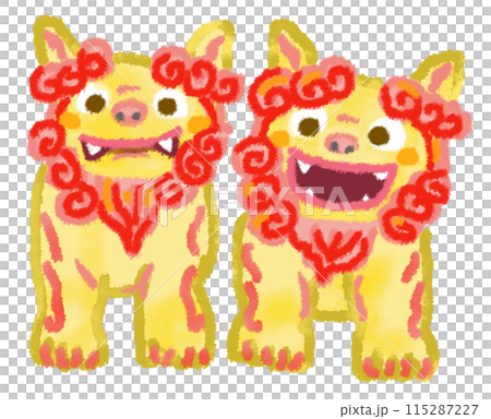 赤いたてがみに黄色い肌の二匹のシーサーのイラスト 115287227