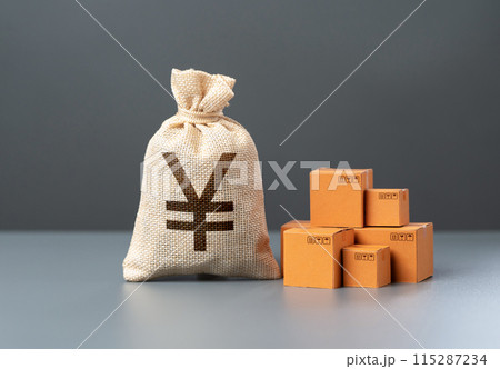 Boxes of goods and japanese yen money bag. Taxes. Revenues to the budget. Production of products. Economics and finance. Industry and technology. Trade and shipping. Import and export. Boxes of goods and japanese yen money bag. Taxes. Revenues to the budget. Production of products. Economics and finance. Industry and technology. Trade and shipping. Import and export. 115287234