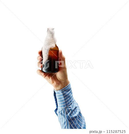Male hand holding glass of foamy lager beer isolated on white background. Refreshing after work, cheers. 115287525