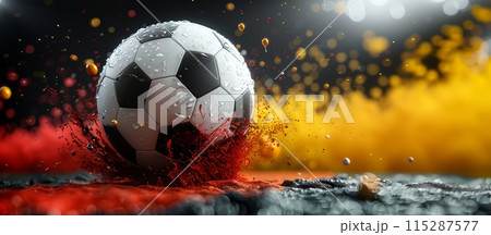 Banner. Soccer ball bursts through vibrant explosion of red, orange, and yellow dust in motion, capturing moment of intense energy. 115287577