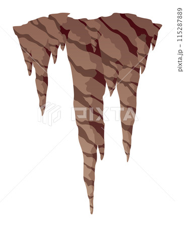 Stalactite. Icicle shaped hanging mineral formations in cave. Nature brown limestone, material stone icon. Natural growth geology formations Stalactite. Icicle shaped hanging mineral formations in cave. Nature brown limestone, material stone icon. Natural growth geology formations 115287889
