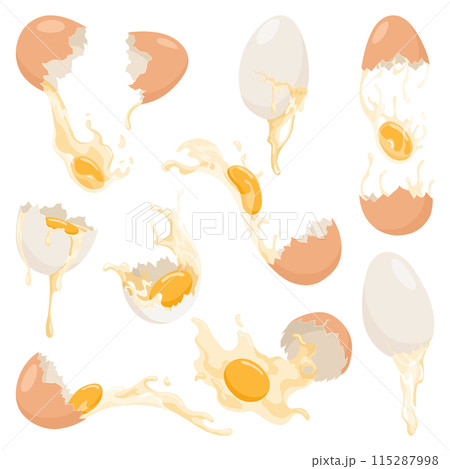 Cracked eggs with yolks set. Baking or cooking ingredients. Eggshell and proteins. Healthy organic food. Diet with raw and broken products. Vector cartoon food Cracked eggs with yolks set. Baking or cooking ingredients. Eggshell and proteins. Healthy organic food. Diet with raw and broken products. Vector cartoon food 115287998