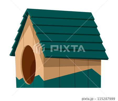 Dog house icon. Cartoon pet accessory. Petshop supermarket item. Empty pet home with roof. House for domestic animal. Isolated flat vector illustration Dog house icon. Cartoon pet accessory. Petshop supermarket item. Empty pet home with roof. House for domestic animal. Isolated flat vector illustration 115287999