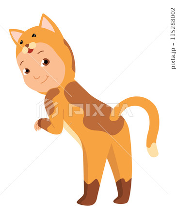 Children animal costume. Colorful animal wearing suit for party cat. Isolated flat vector design Children animal costume. Colorful animal wearing suit for party cat. Isolated flat vector design 115288002