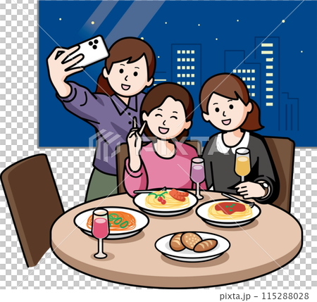 女子会 夜景の綺麗なレストランで自撮りする女性 女子会 夜景の綺麗なレストランで自撮りする女性 115288028