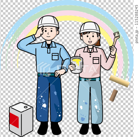 A man and woman working in the painting industry and a rainbow painted with paint 115288245