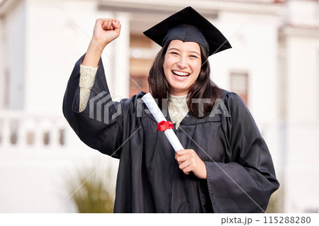 Portrait, girl and student with graduation, excited and degree with education, achievement and celebration. Face, person or woman with certificate, diploma or knowledge with college or academy scroll 115288280