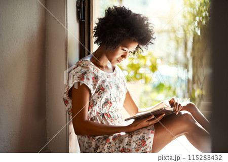 Woman, reading and book in home or relaxing, door way and floor for comfort with literature or novel for hobby. Fiction, fantasy and knowledge or information on weekend, serious and interested Woman, reading and book in home or relaxing, door way and floor for comfort with literature or novel for hobby. Fiction, fantasy and knowledge or information on weekend, serious and interested 115288432