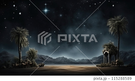 Holy night of Epiphany, three kings, Star of Bethlehem, dark blue background 115288589