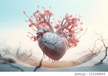 Valentines day whimsical surreal heart in full pink bloom spring landscape 115288643