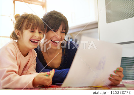 Happy mother, daughter and drawing with paper for fun coloring activity, bonding or homework. Mom and little girl, child or kid with smile for imagination, creativity or childhood together at house 115288778