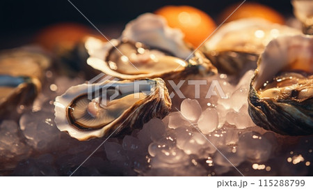 Fresh oysters served on ice with lemon, copy space 115288799