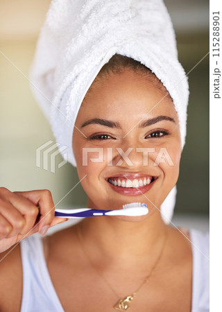 Happy, dental care and portrait of woman with toothbrush for morning hygiene routine in bathroom. Smile, wellness and female person with oral health product for plaque, gums and fresh breath at home. Happy, dental care and portrait of woman with toothbrush for morning hygiene routine in bathroom. Smile, wellness and female person with oral health product for plaque, gums and fresh breath at home. 115288901