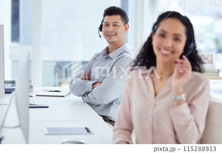 Portrait, man and desk of call centre, headset and telemarketing for sales and customer service. Digital, agent and colleague in office, collaboration and teamwork for tech support and assistance Portrait, man and desk of call centre, headset and telemarketing for sales and customer service. Digital, agent and colleague in office, collaboration and teamwork for tech support and assistance 115288913
