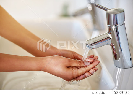 Tap, closeup or person washing hands in home or sink for wellness, dirty palm or healthy skincare hydration. Water, safety or cleaning with liquid for germs, virus or hygiene for bacteria prevention 115289180