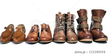 Boots, fashion and studio for footwear, casual and leather style on white background in row. Pair, military shoes and accessory for winter outfit, vintage and retro comfortable trend on backdrop 115289359