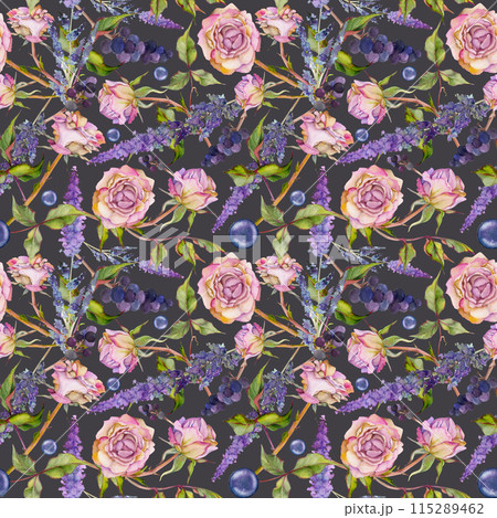 Hand drawn watercolor illustration shabby boho botanical flowers leaves. Rose hip pearl beads veronica lavender indigo berries pink pastel. Seamless pattern isolated dark . Design wedding paper fabric 115289462