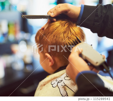 Young, boy and barber haircut or clippers for grooming style in salon, childhood or development. Back, hands and electric shaver for cleaning hygiene with new look or customer service, youth or trust Young, boy and barber haircut or clippers for grooming style in salon, childhood or development. Back, hands and electric shaver for cleaning hygiene with new look or customer service, youth or trust 115289541