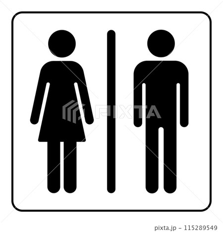 Restroom sign, WC toilet symbol of men and women silhouette shape, black and white vector illustration 115289549