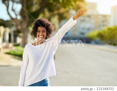Portrait, smile and black woman stop taxi in city outdoor for travel, journey and morning commute. Road, happy girl and calling cab for transportation, wave or student on street mockup space in Kenya 115289722