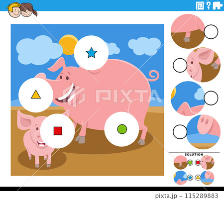 match the pieces game with cartoon pig and piglet farm birds 115289883