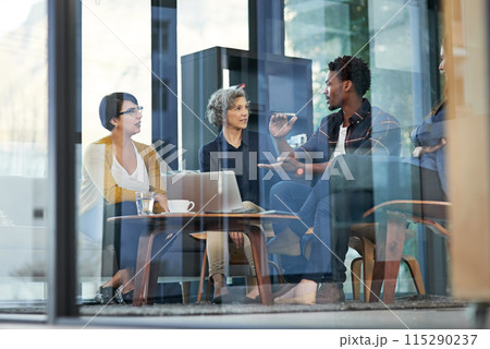Glass wall, laptop and business people in meeting, planning and conversation with ideas in office. Group, staff or employee with computer, brainstorming or cooperation with creative agency or choice 115290237