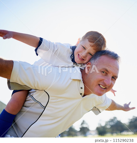 Happy, dad and son with back ride in portrait for bonding, fun and relax on summer holiday or weekend. Excited, father and boy with airplane game outdoor in nature for family love, support and care Happy, dad and son with back ride in portrait for bonding, fun and relax on summer holiday or weekend. Excited, father and boy with airplane game outdoor in nature for family love, support and care 115290238