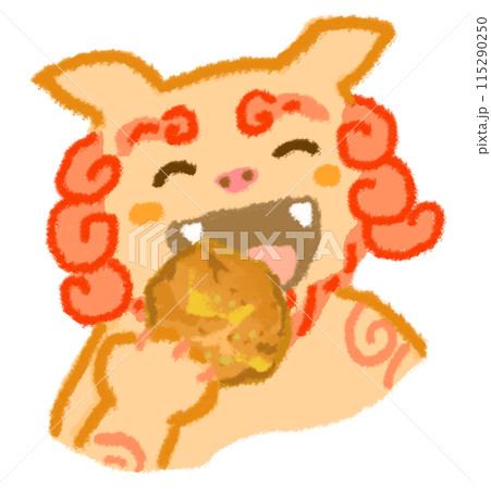 サーターアンダギーを食べるシーサー 115290250