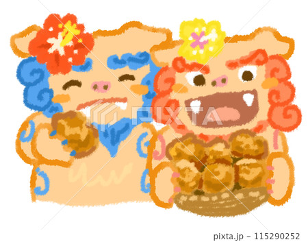 サーターアンダギーを持ったシーサー達 サーターアンダギーを持ったシーサー達 115290252