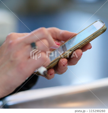 Hands, typing and chat online with phone, digital and mobile app for texting, website and contact. Office, employee and person on break, notification and update in news, internet and email or media 115290260