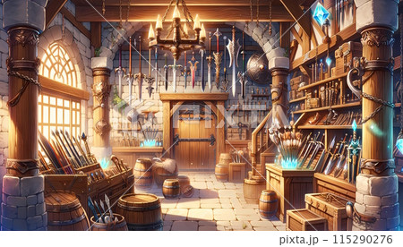 RPG風の武器屋の丁寧に陳列された店内2 115290276
