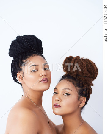 Woman, portrait and sister in studio for skincare with makeup, health and natural beauty. Serious, female person and family for cosmetics with hair, confidence and facial for wellness with skin glow Woman, portrait and sister in studio for skincare with makeup, health and natural beauty. Serious, female person and family for cosmetics with hair, confidence and facial for wellness with skin glow 115290334