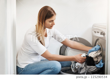 Woman, laundry and washing machine for clothes in home, electric appliance and routine housework. Female person, linen and fabric maintenance in apartment, sanitary and maid for hygiene housekeeping 115290534