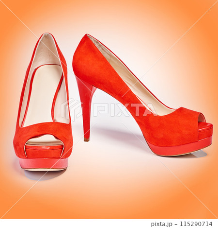Shoes, fashion and women footwear isolated on studio background for luxury, designer and sale. Elegance, red high heels and boutique for shopping, leather and retail on backdrop for product. Shoes, fashion and women footwear isolated on studio background for luxury, designer and sale. Elegance, red high heels and boutique for shopping, leather and retail on backdrop for product. 115290714
