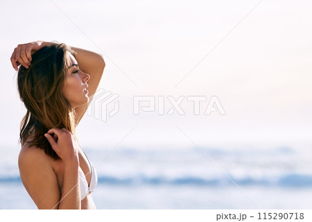 Ocean, happy and woman on holiday in nature, relax and mockup with tourist on the beach with sky. Paradise, travel and weekend getaway, confident and calm or Colombian female person in summer Ocean, happy and woman on holiday in nature, relax and mockup with tourist on the beach with sky. Paradise, travel and weekend getaway, confident and calm or Colombian female person in summer 115290718