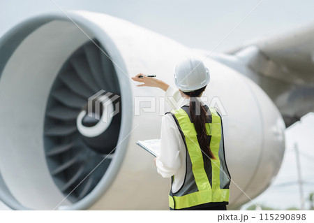 Woman engineer in white hardhat standing and holding tablet working aircraft maintenance mechanics moving through hangar. Woman engineer in white hardhat standing and holding tablet working aircraft maintenance mechanics moving through hangar. 115290898
