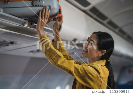 Airplane, travel and portrait of woman with journey and backpack. Airplane, travel and portrait of woman with journey and backpack. 115290912