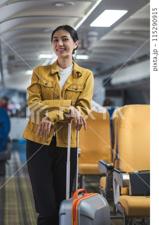 Airplane, travel and portrait of woman with journey and backpack. Airplane, travel and portrait of woman with journey and backpack. 115290915