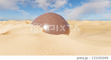 3D Render of Brown granite ball in desert 115291049