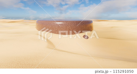 3D Render of Brown granite ball in desert 3D Render of Brown granite ball in desert 115291050