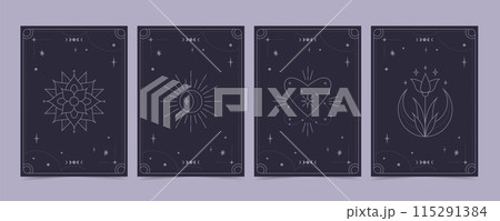 Tarot cards set - esoteric mystical deck with spiritual symbols. Vector design template, boho style 115291384