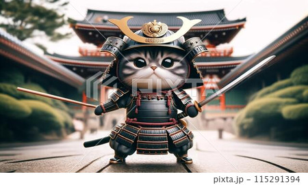 Samurai cat chibi neko characters 01 generative AI 115291394