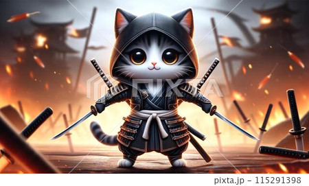 Samurai cat chibi neko characters 04 generative AI 115291398