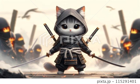 Samurai cat chibi neko characters 06 generative AI 115291401