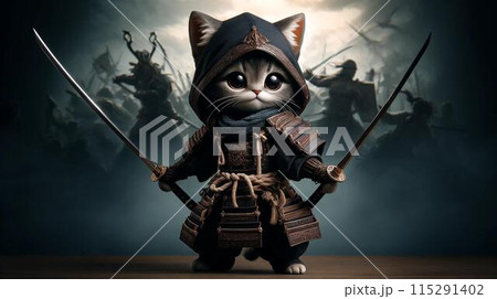 Samurai cat chibi neko characters 07 generative AI 115291402
