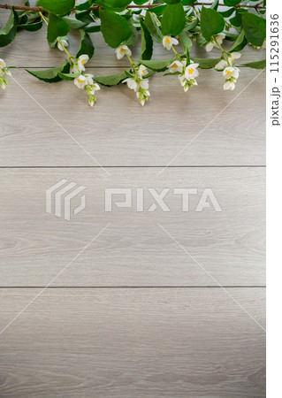 wooden light background with white jasmine flowers 115291636