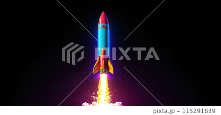 Illustrative representation of a simple rocket that is just starting and on its way up - ai generated 115291839