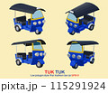 Tuk Tuk taxi travel in Thailand low polygon style isolated., Thai transportation icon design element. Cartoon vector illustration., Set of Tuk Tuk Thai tradition taxi car eps file 115291924