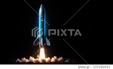 Illustrative representation of a simple rocket that is just starting and on its way up - ai generated Illustrative representation of a simple rocket that is just starting and on its way up - ai generated 115292031