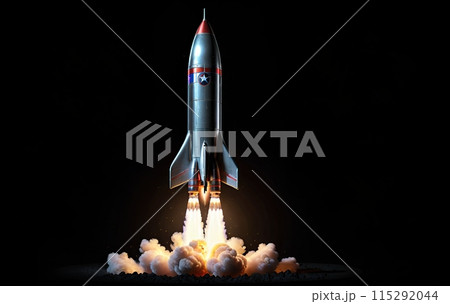 Illustrative representation of a simple rocket that is just starting and on its way up - ai generated 115292044